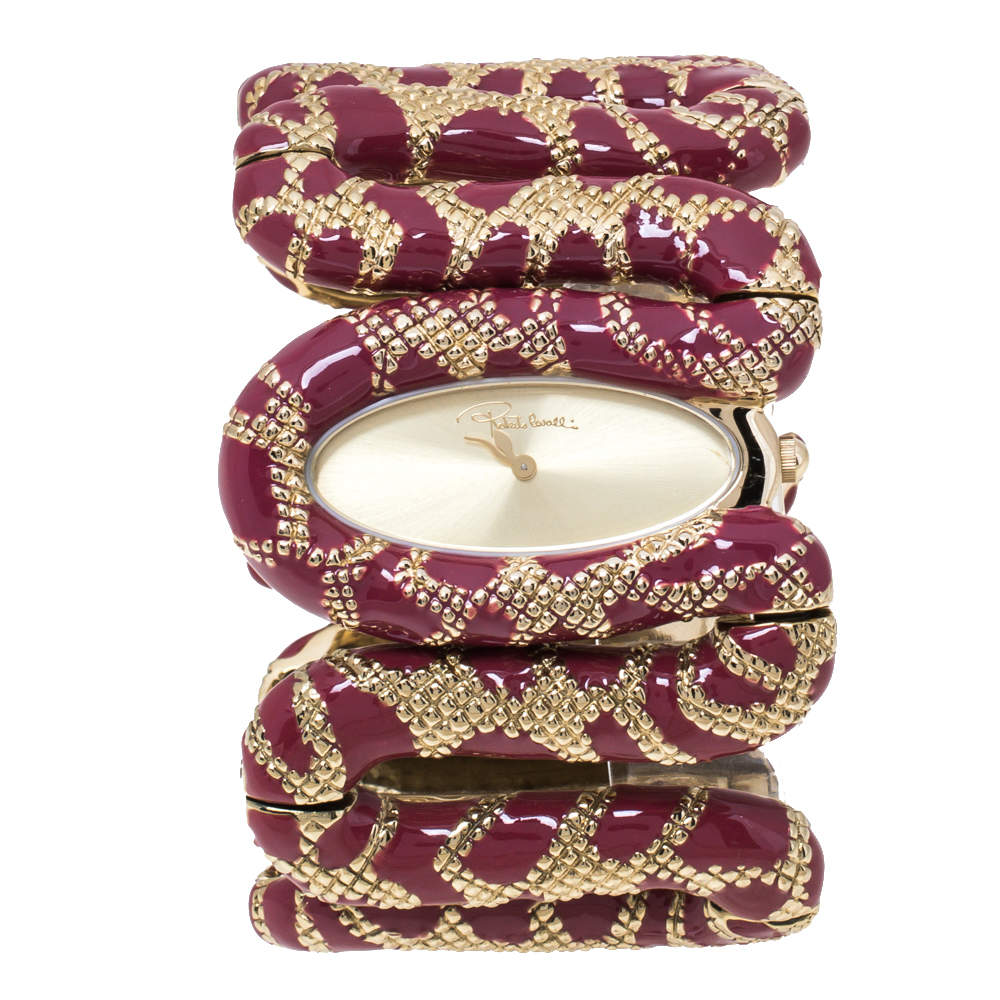 Pre Owned Roberto Cavalli Gold Plated Stainless Steel Burgundy Cleopatra R7253195647 Women's Wristwatch 42 mm