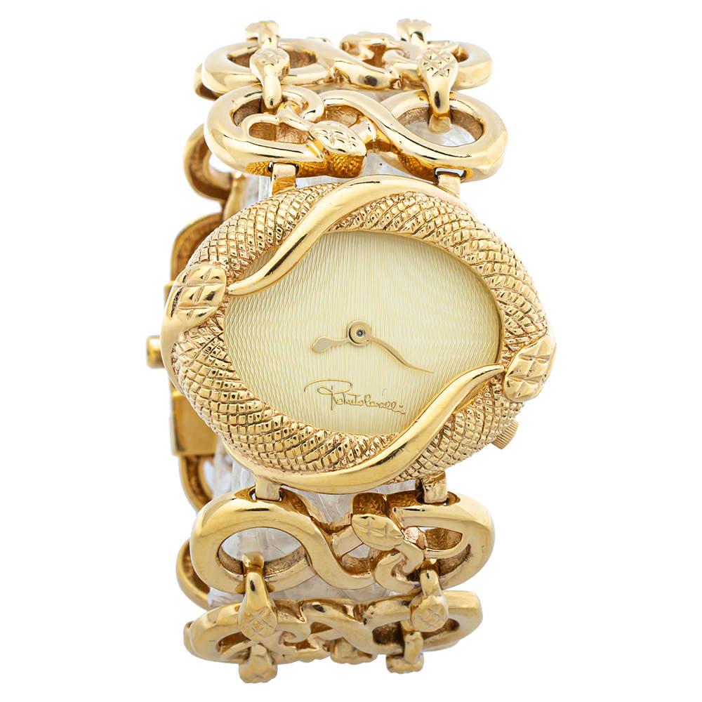 Pre Owned Roberto Cavalli Gold Tone Stainless Steel Snake Women's Wristwatch 34mm