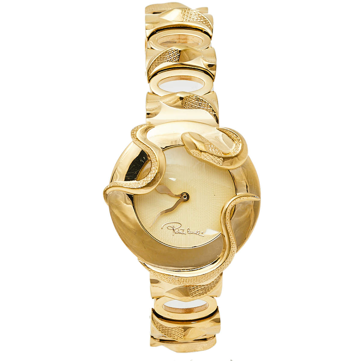 مملوكة مسبقًا Roberto Cavalli Yellow Gold Plated Stainless Steel Snake 7253165517 Women's Wristwatch 37 mm