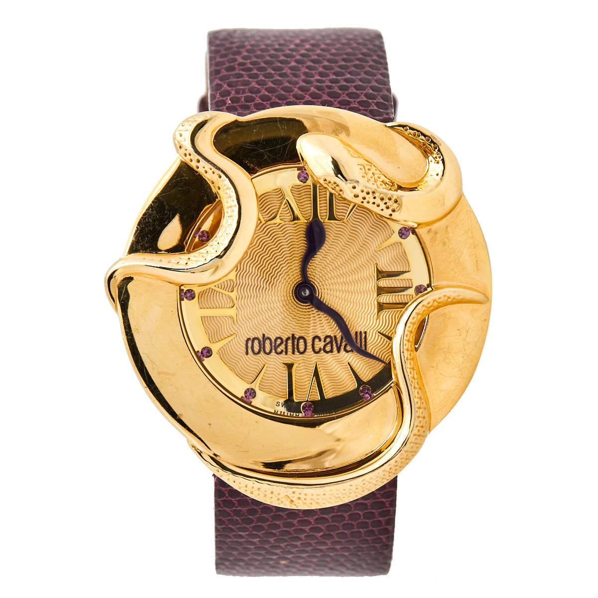 مملوكة مسبقًا ساعة يد نسائية روبرتو كافالي جلد سحلية 7251165528 ستانلس ستيل مطلي ذهب وردي شامبين 38 مم