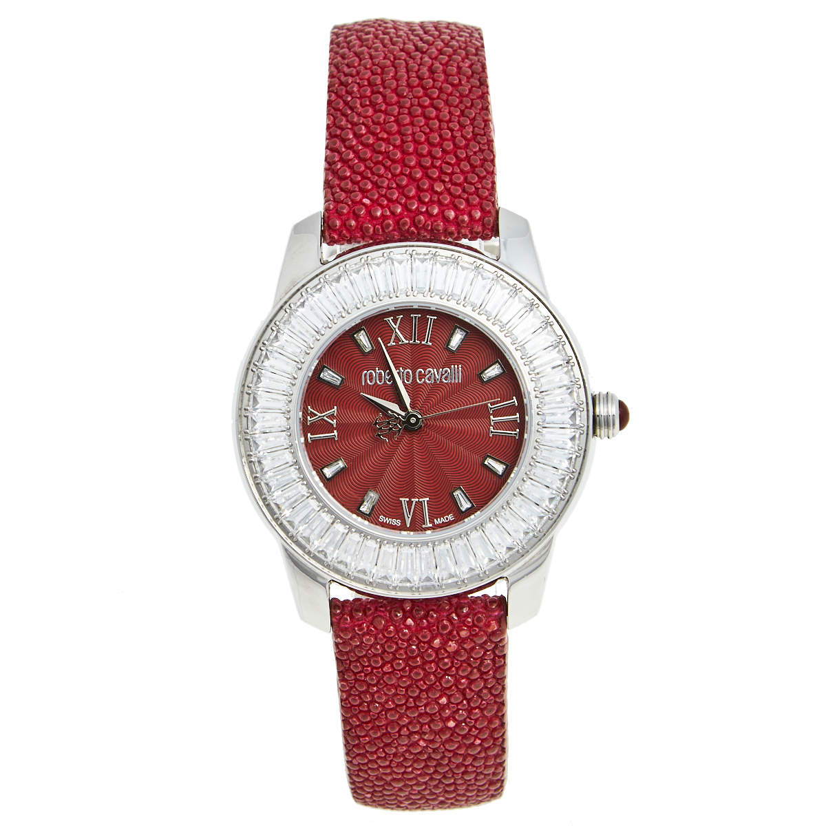 Pre Owned Roberto Cavalli Burgundy Stainless Steel Stingray Crystal Fugit R7251147585 Women's Wristwatch 37 mm