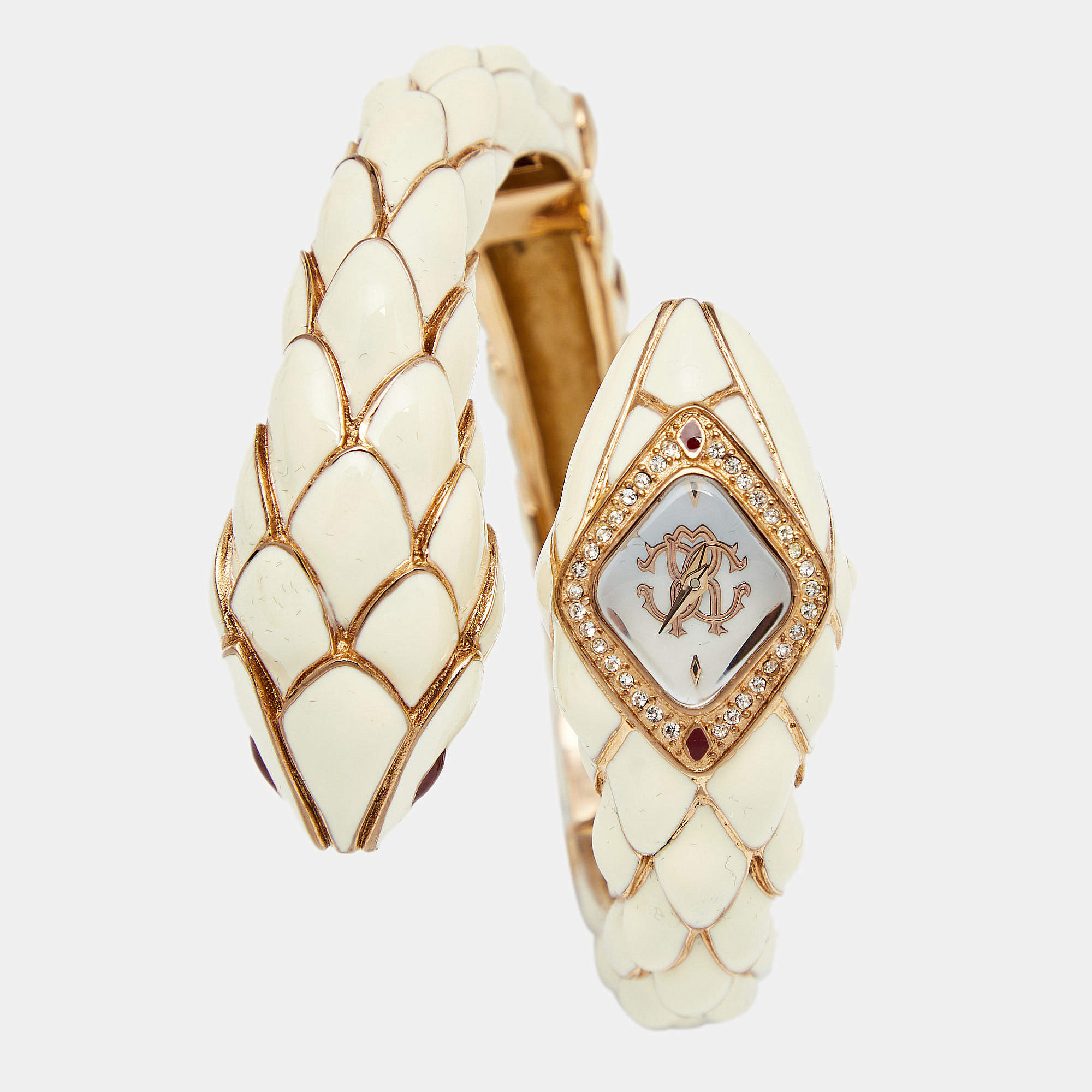 Pre Owned Roberto Cavalli Mother of Pearl Rose Plated Stainless Steel Enamel Snake Star R7253151545 Women's Wristwatch 21 cm 