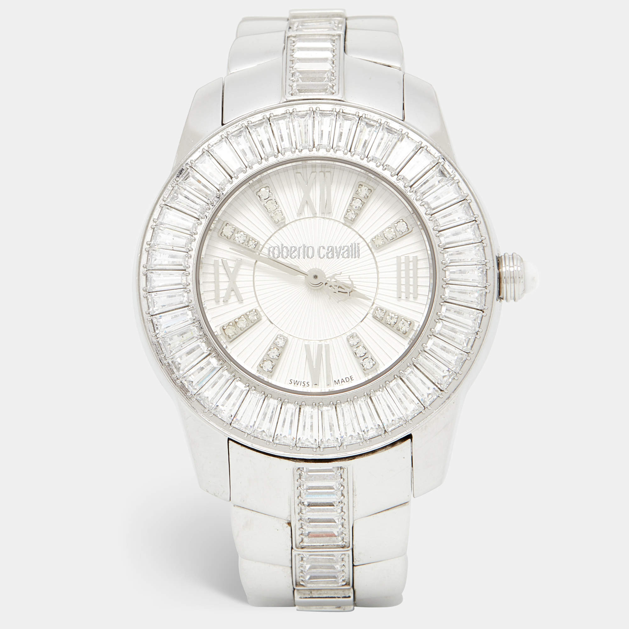 Pre Owned Roberto Cavalli Silver Stainless Steel Tempus Fugit R7253147515 Women's Wristwatch 37 mm