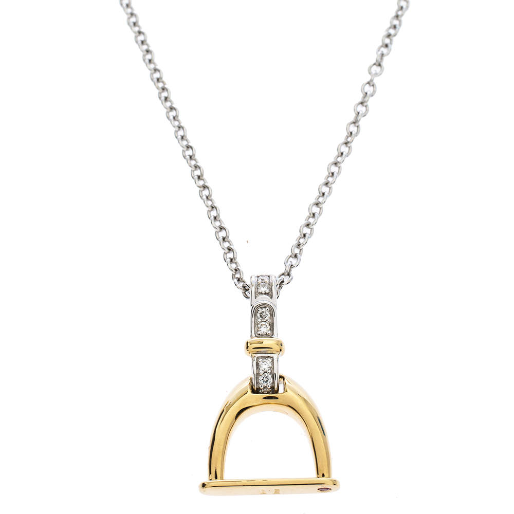 Pre Owned Roberto Coin Cheval Stirrup Diamond Two Tone 18K Gold Pendant Necklace