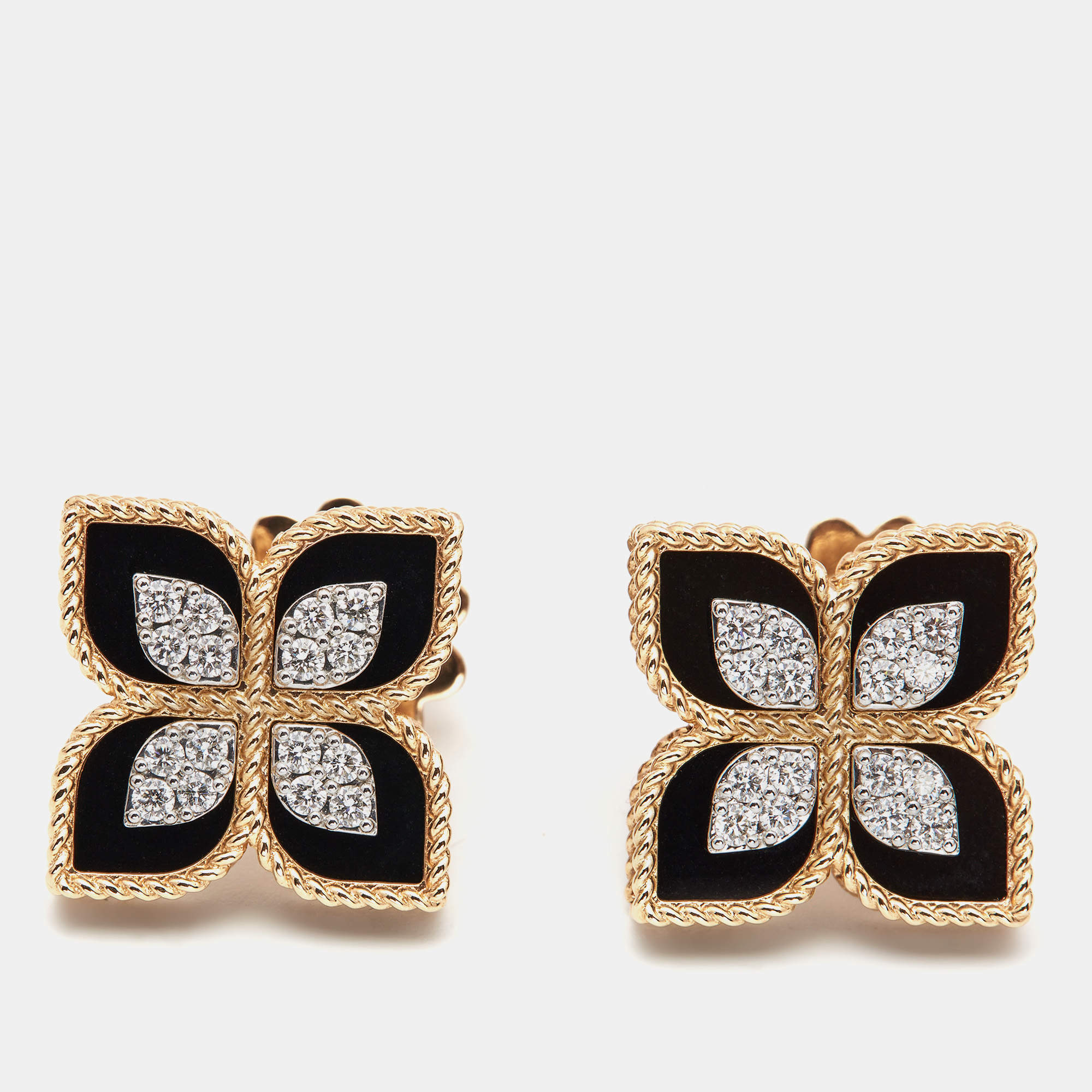 Pre Owned Roberto Coin Princess Flower Diamonds Black Jade 18k Rose Gold Earrings