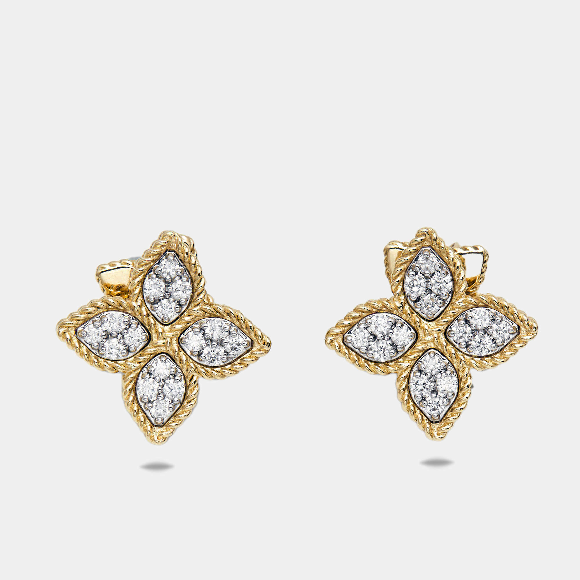 Pre Owned Roberto Coin Princess Flower Diamonds 18k Two Tone Gold Earrings