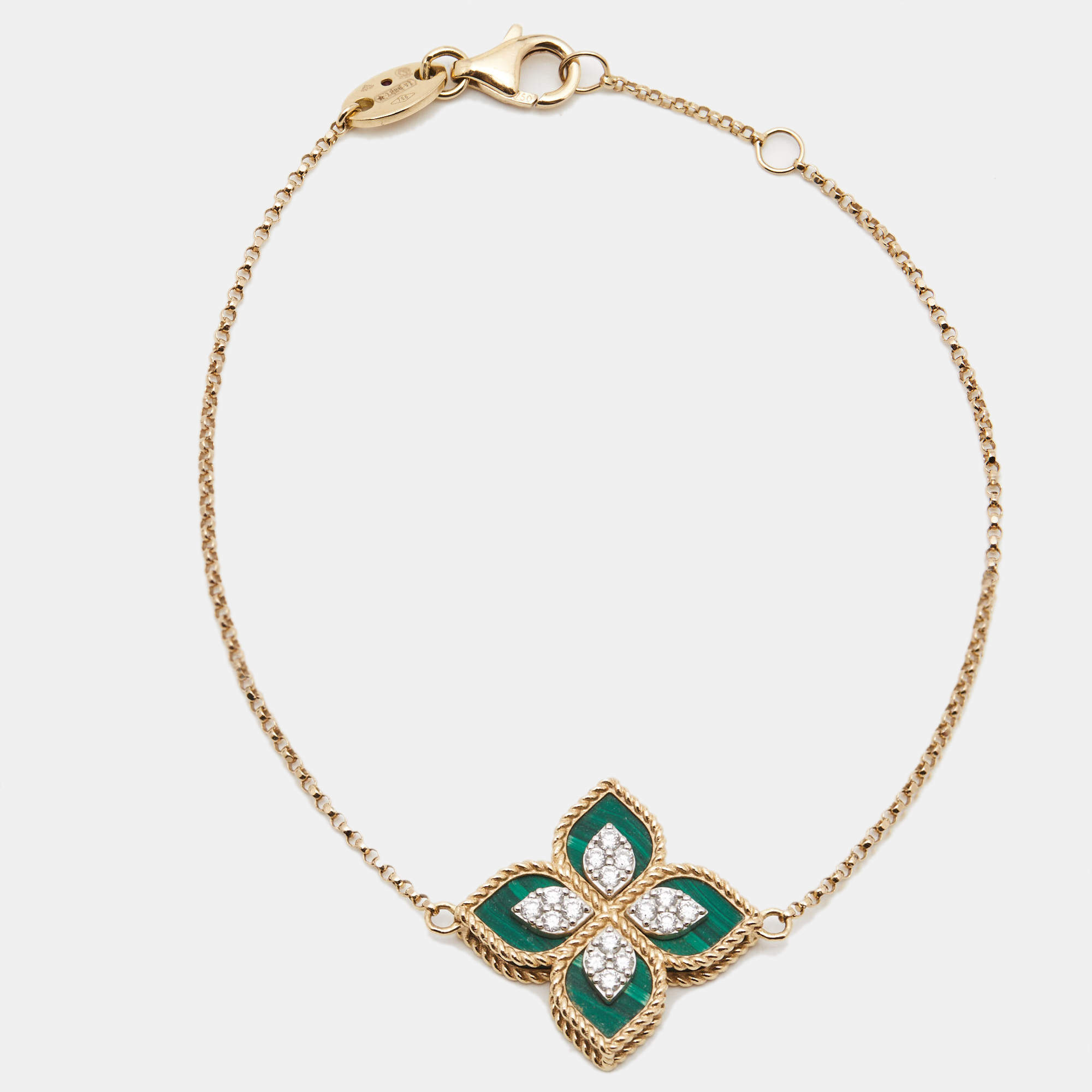 Pre Owned Roberto Coin Princess Flower Malachite Diamonds 18k Rose Gold Bracelet