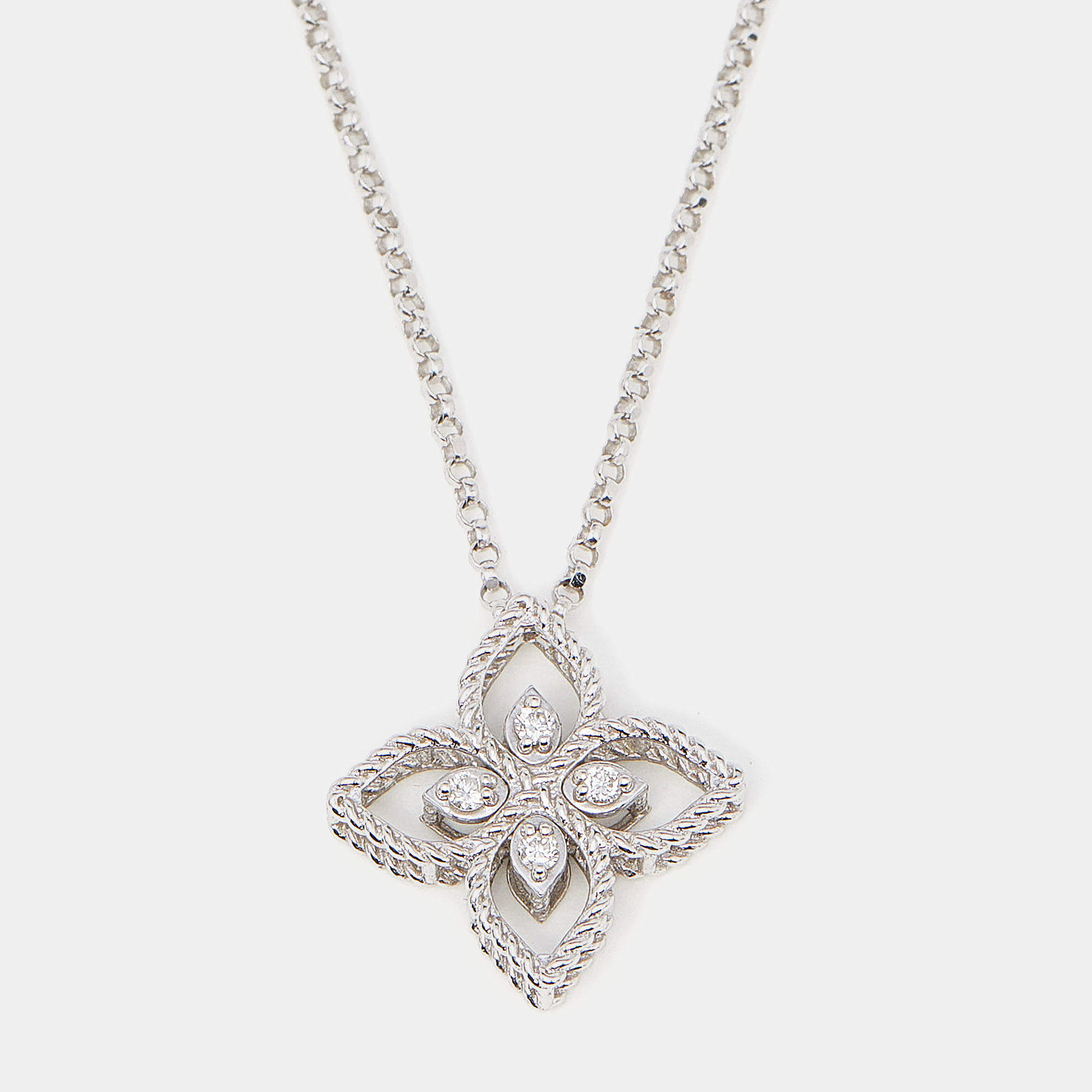 Roberto Coin Princess Flower Diamond 18K White Gold Pendant Necklace