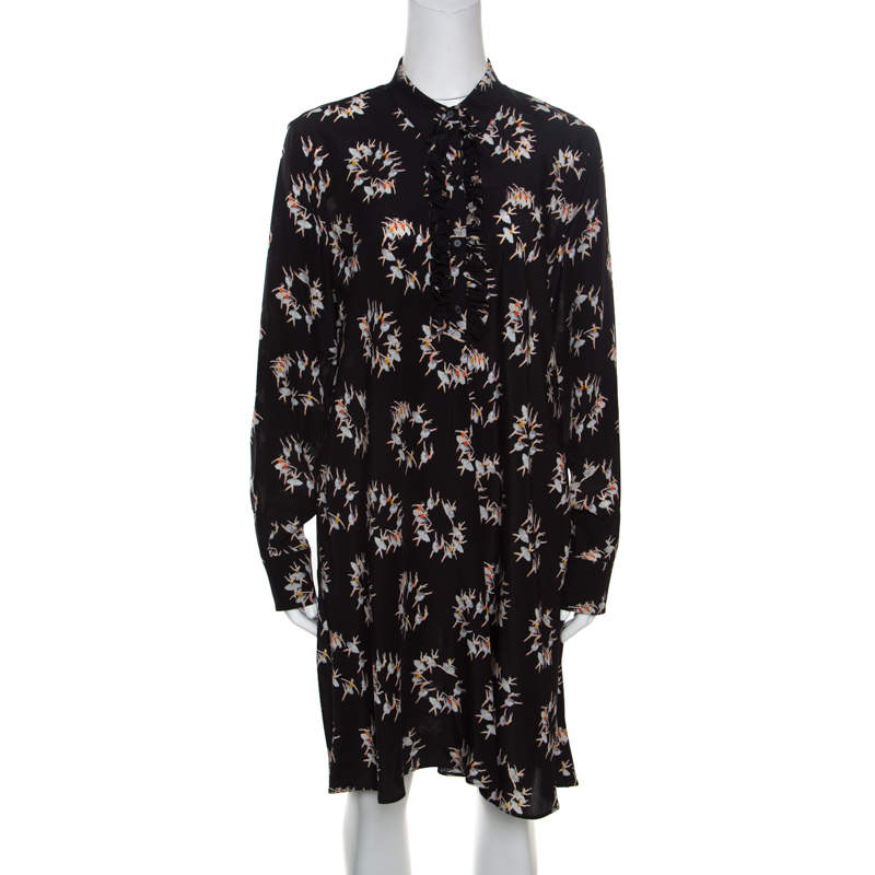 Pre Owned Rochas Black Ballerina Printed Silk Long Sleeve Shirt Dress L