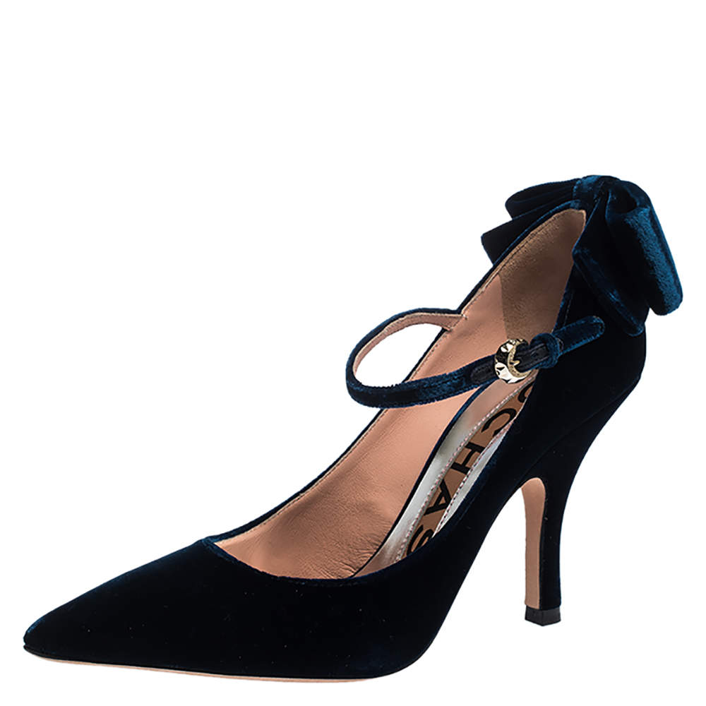 Pre Owned Rochas Navy Blue Velvet Bow Ankle Strap Pointed Toe Pumps Size 36