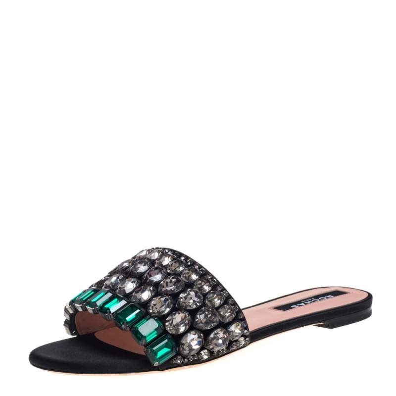 Rochas Black Satin Jewel Embellished Flat Slide Sandals Size 39