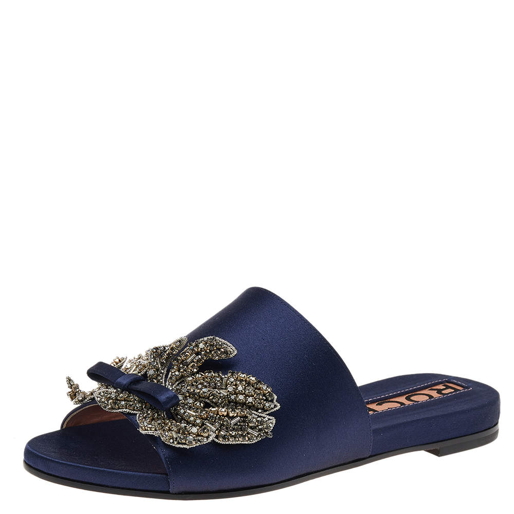 Pre Owned Rochas Navy Blue Satin Crystal Embellished Bow Slide Flats Size 38