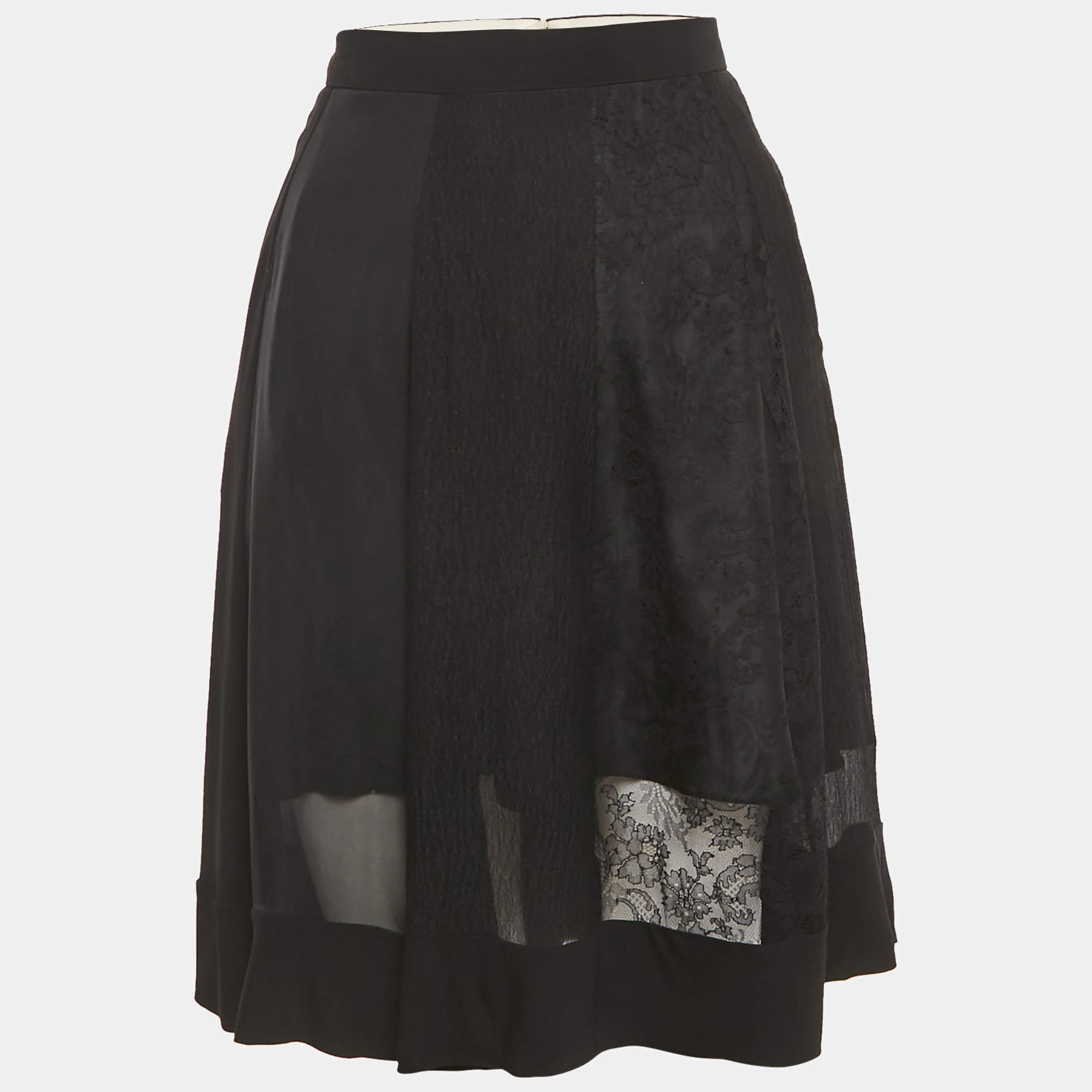 Pre Owned Rochas Black Crinkled Crepe & Lace Paneled Mini Skirt M
