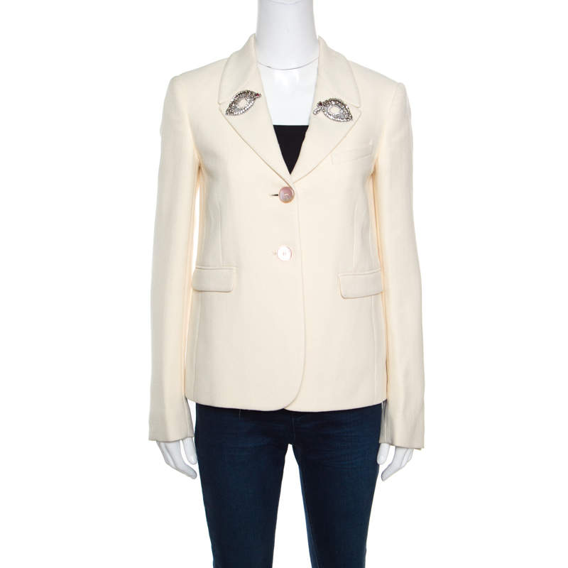 Rochas Cream Embellished Eye Motif Detail Two Button Blazer M