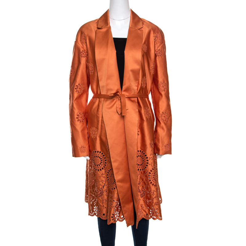 Pre Owned Rochas Orange San Gallo Eyelet Embroidered Duchesse Satin Belted Overcoat L