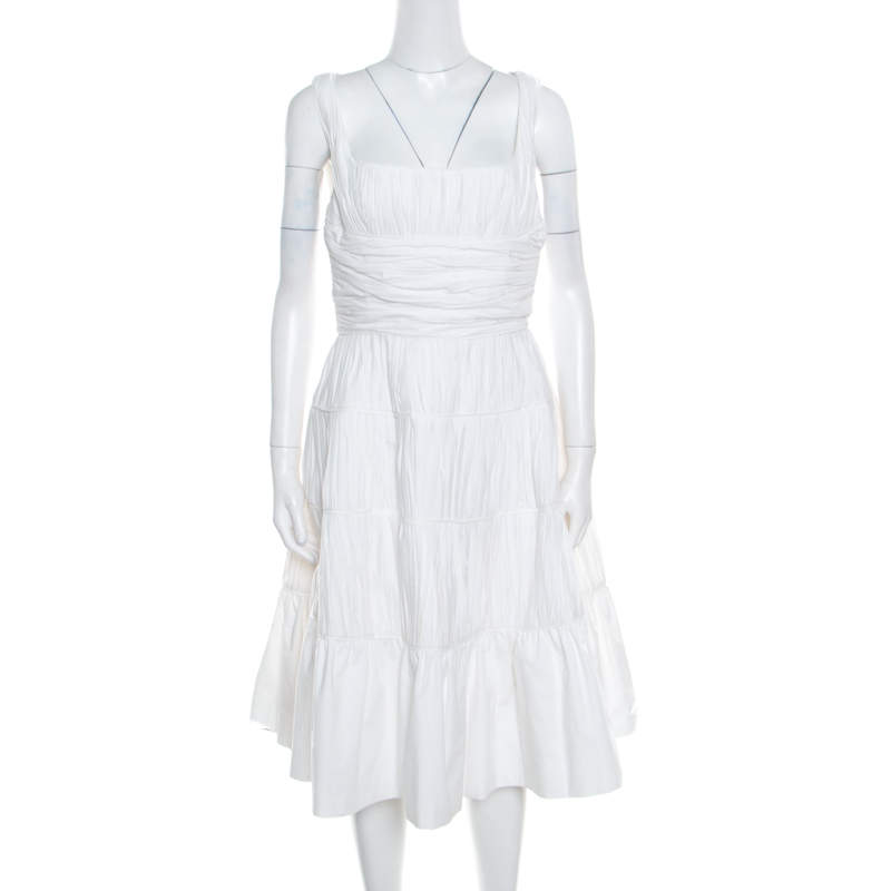 Rochas White Ruched Cotton Square Neck Paneled A Line Dress L 