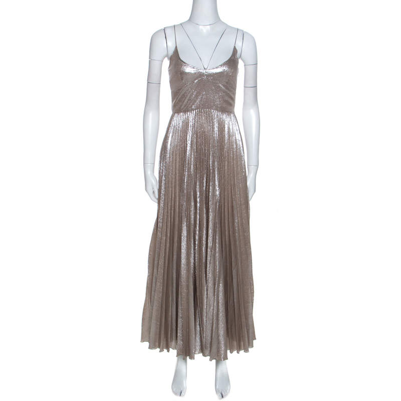 Rochas Silver Woven Silk Blend Sleeveless Pleated Dress M
