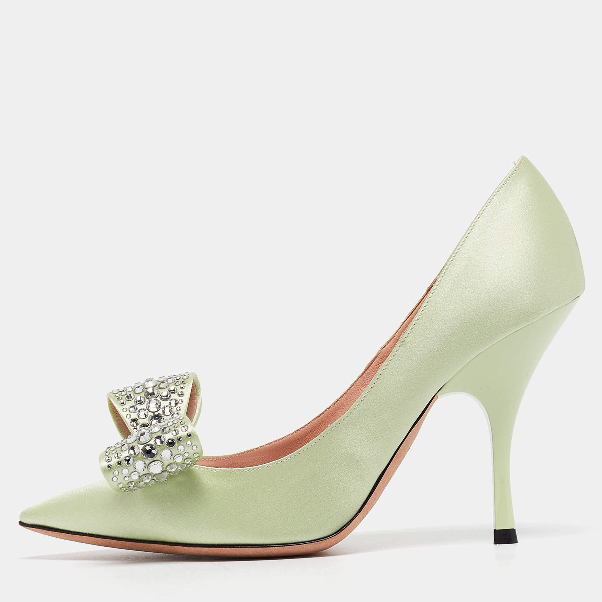 Rochas Light Green Satin Crystal Embellished Bow Pumps Size 37