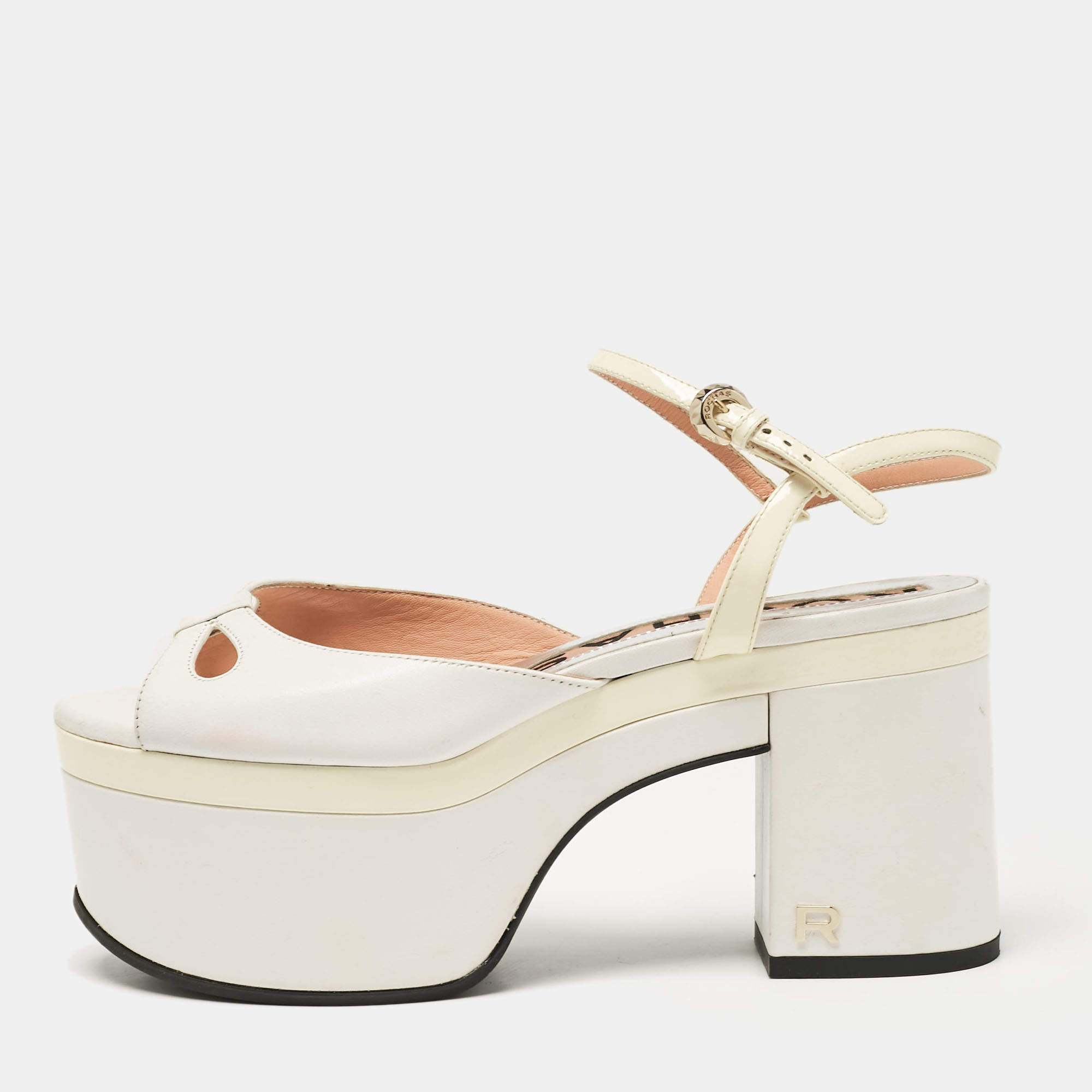 Pre Owned Rochas White Leather Cutout Platform Ankle Strap Sandals Size 38