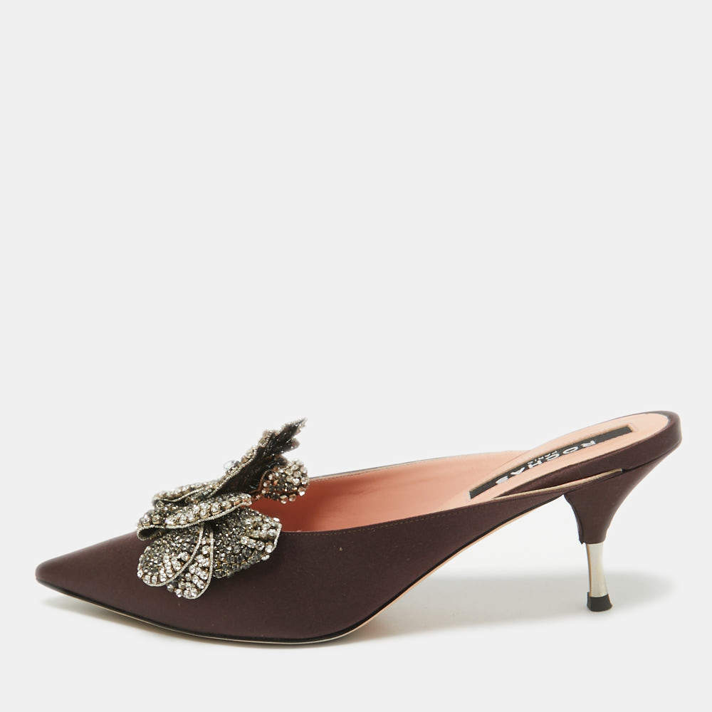 Rochas Burgundy Satin Crystal Embellished Mules Size 38