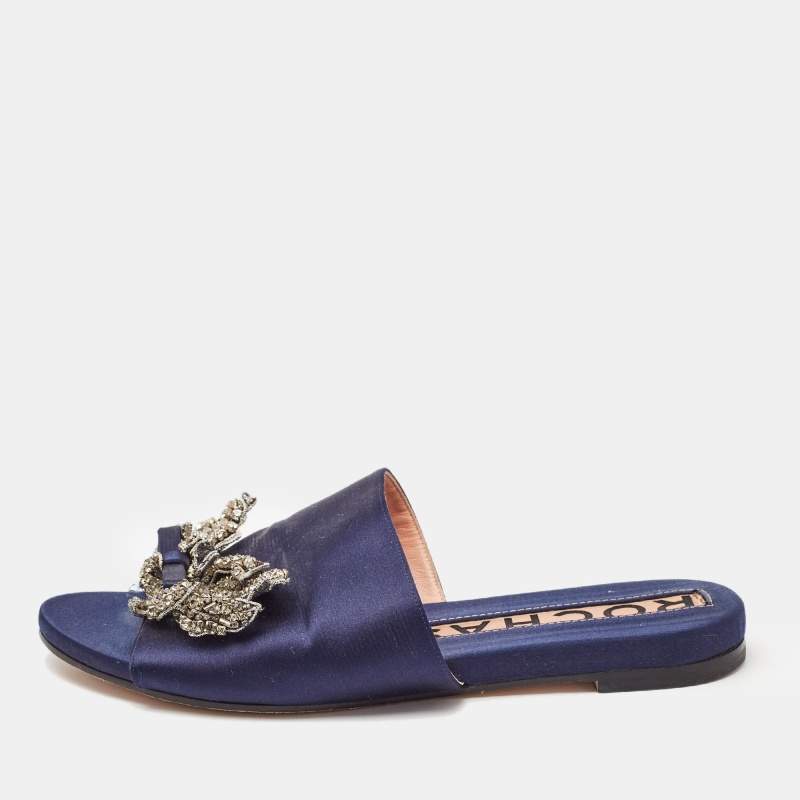 Rochas Navy Blue Satin Crystal Embellished Bow Slide Flat Sandals Size 38