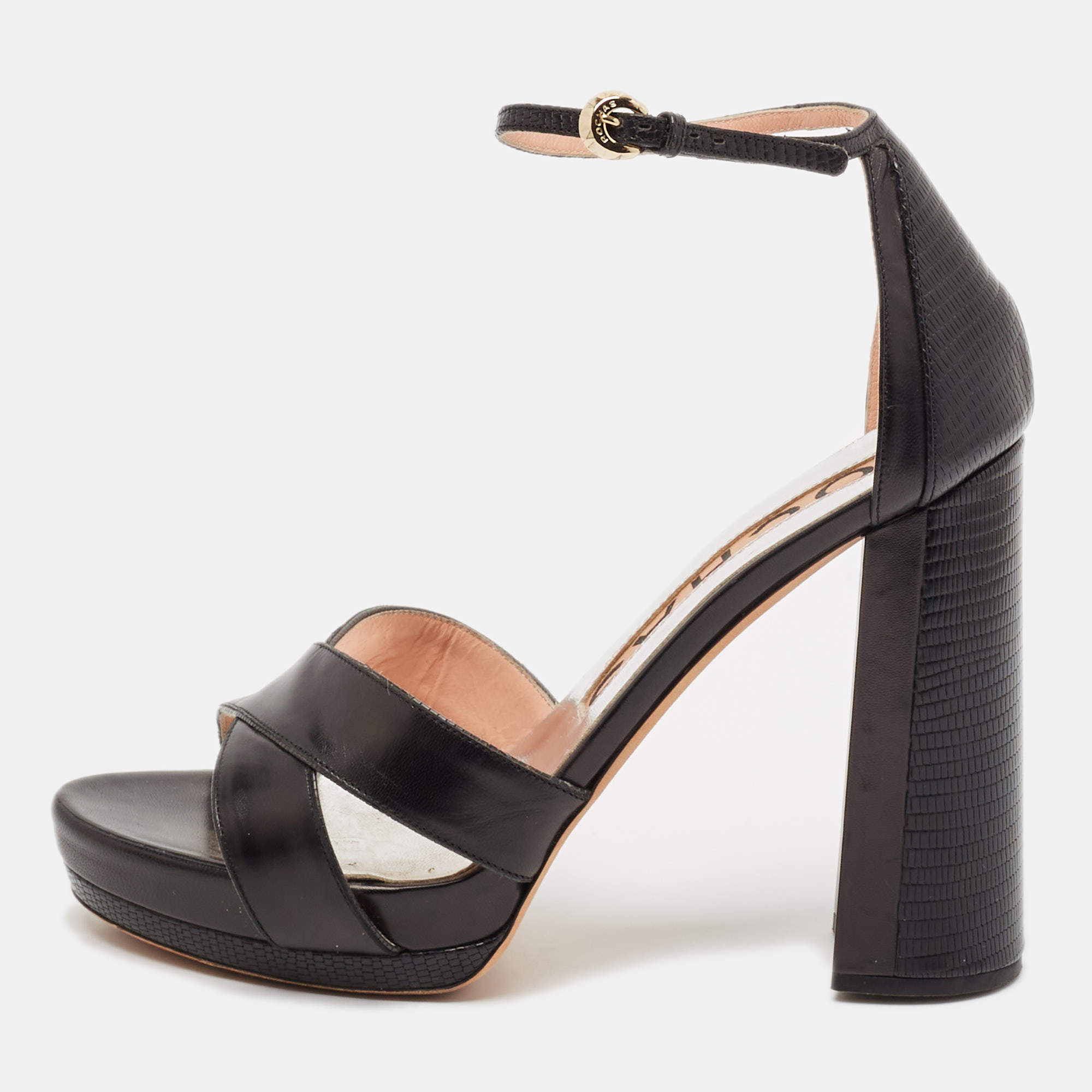 Rochas Black Leather and Lizard Embossed Leather Ankle Strap Sandals Size 40