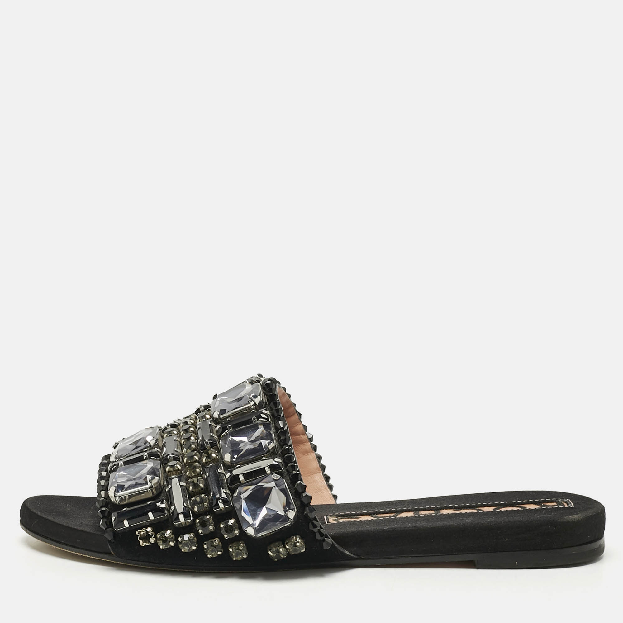 Pre Owned Rochas Black Suede and Velvet Crystal Embellished Flat Slides Size 40