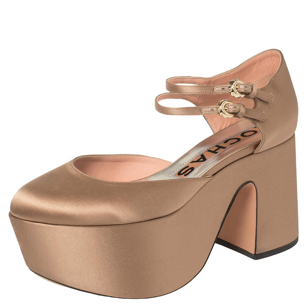 Rochas Beige Satin Platform Ankle Strap Pumps Size 39