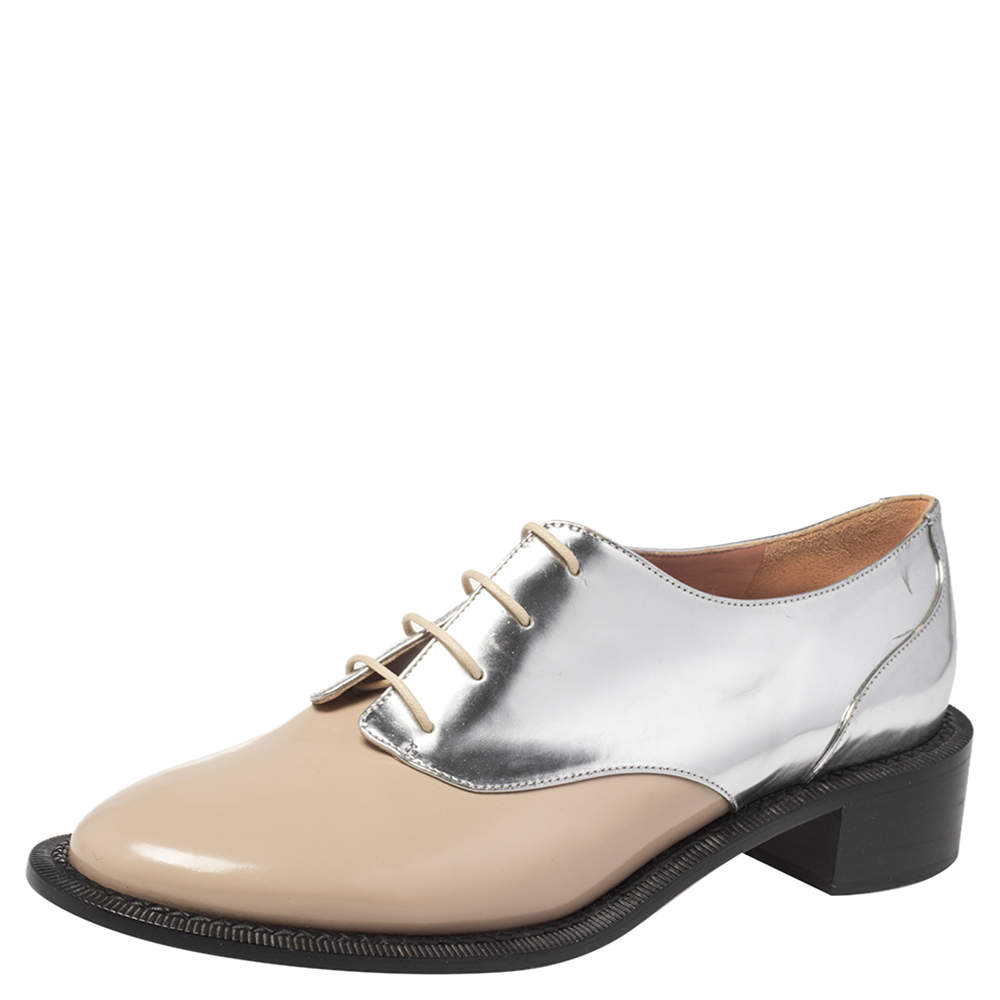 Pre Owned Rochas Metallic Silver/Beige Leather Lace Up Derby Size 39