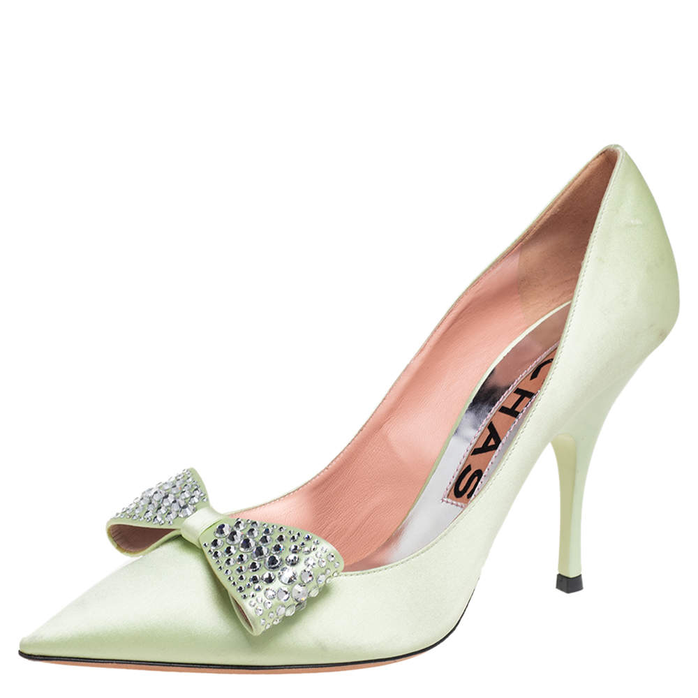 Rochas Mint Green Satin Bow Crystals Embellished Pumps Size 41