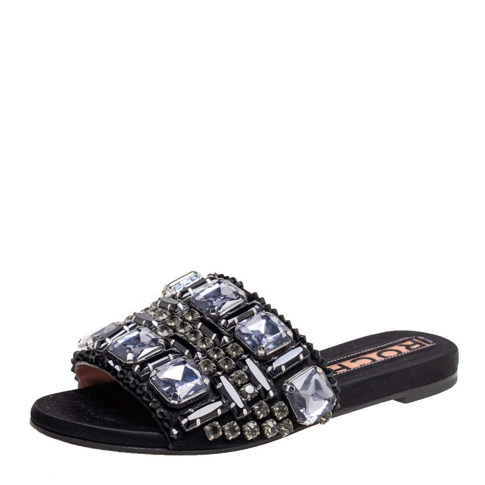Rochas Black Crystals Embellished Suede Flat Slides Size 38