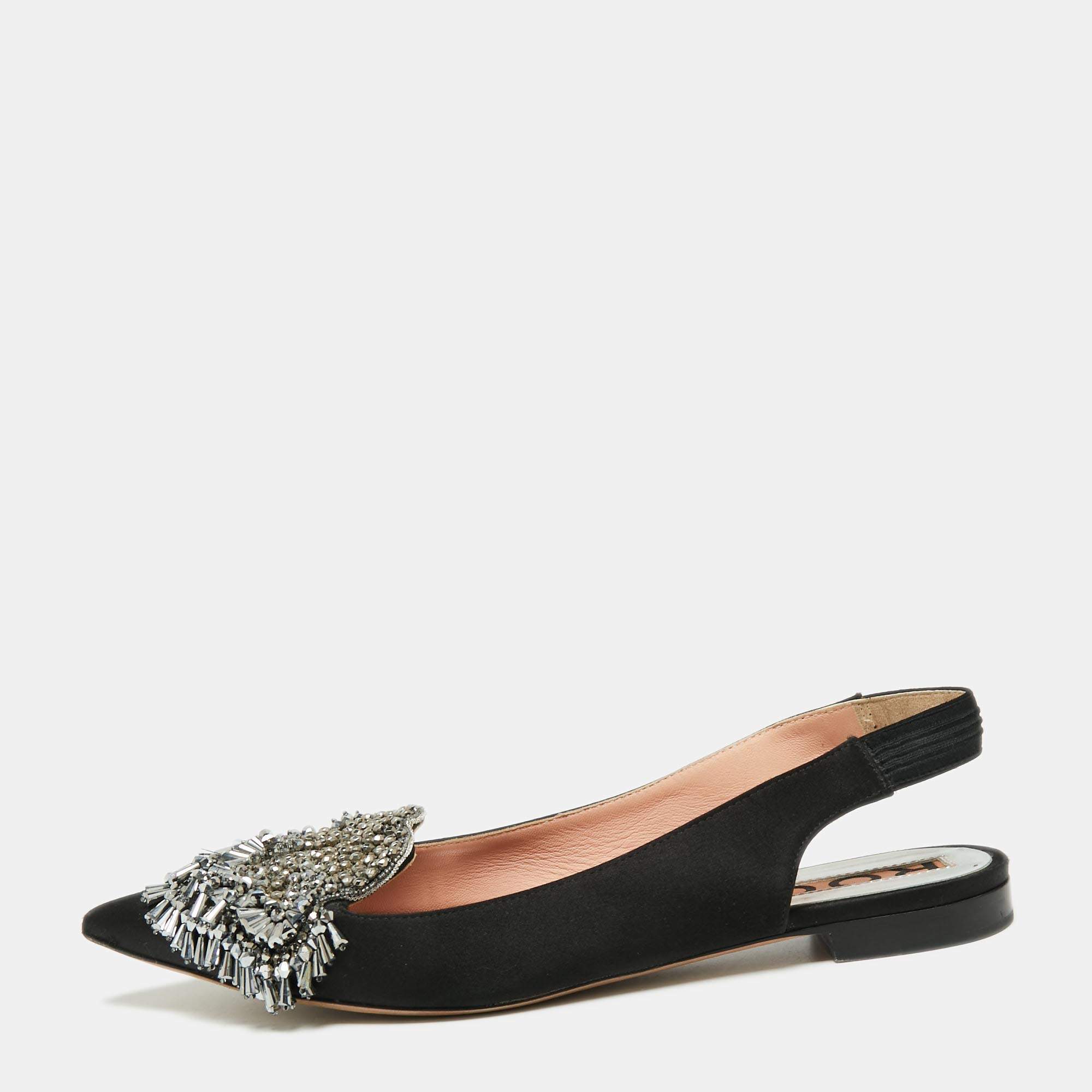 Pre Owned Rochas Black Satin Embellished Flat Slingback Sandals Size 37.5