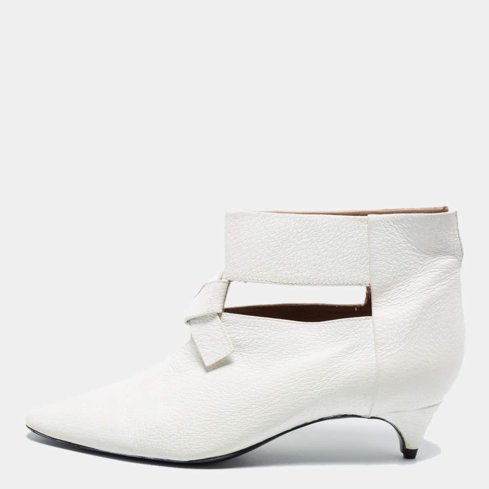 Rochas White Leather Kitten Heel Booties Size 37 