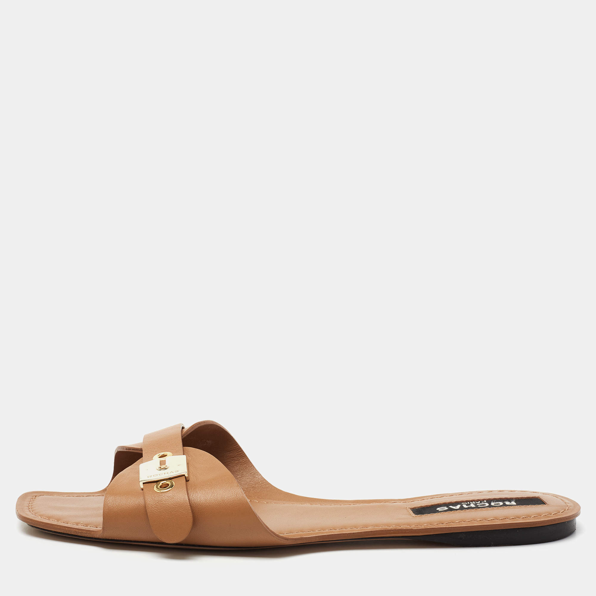 Rochas Tan Leather Flat Slides Size 41