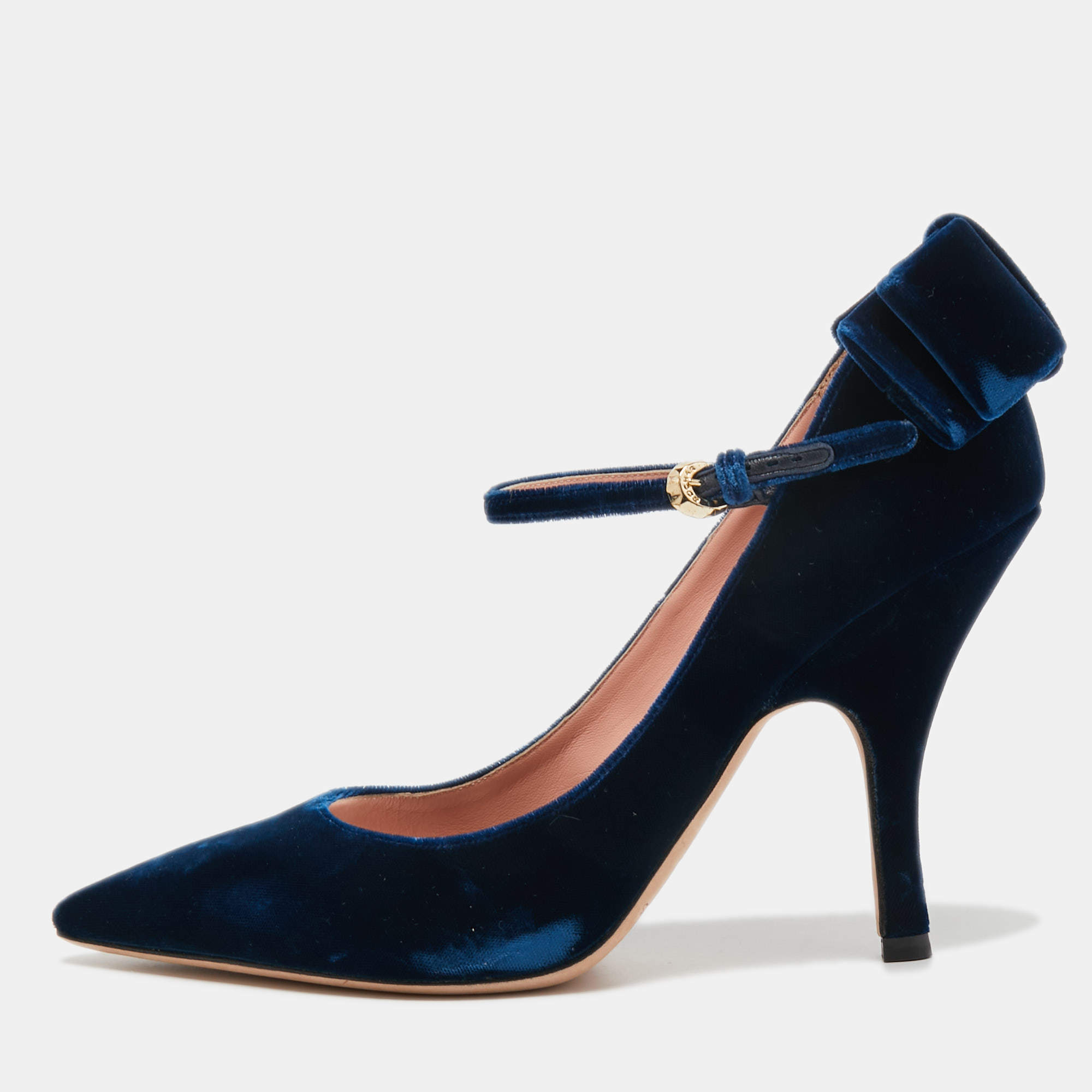 Rochas Navy Blue Velvet Bow Ankle Strap Pointed Toe Pumps Size 40