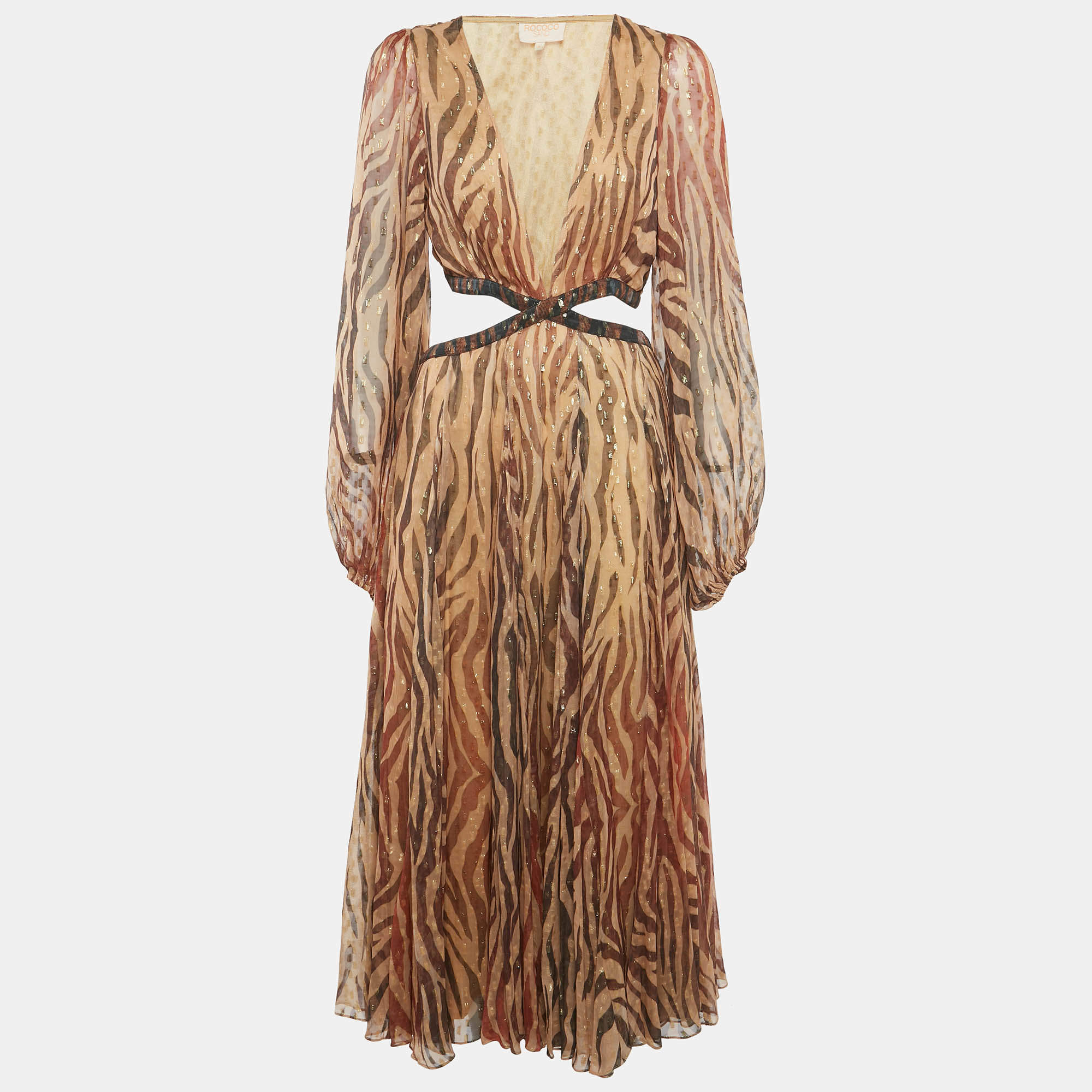 Pre Owned Rococo Sand Brown Animal Print Crepe Brocade Cut-Out Midi Dress M