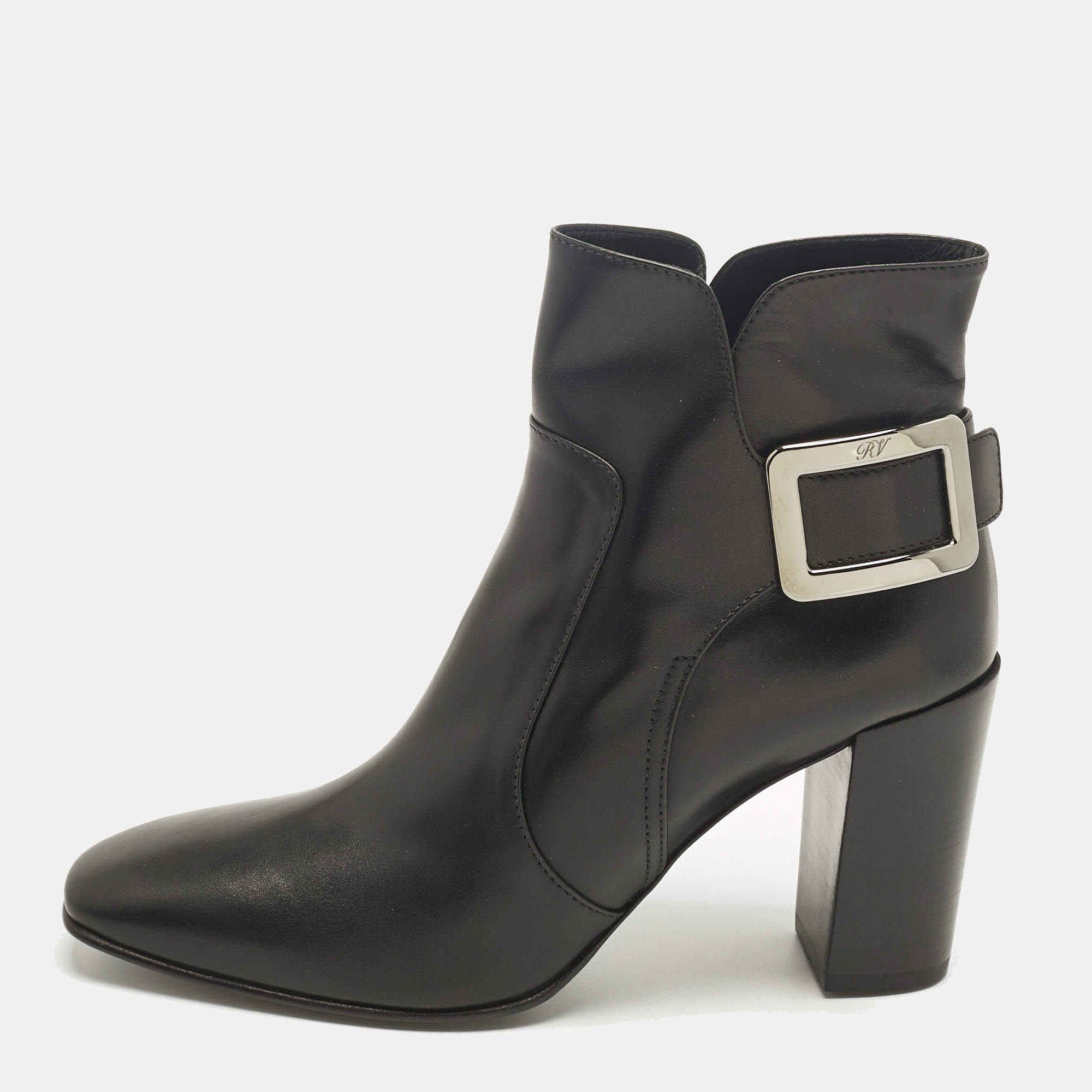 Pre Owned Roger Vivier Black Leather Polly Booties Size 40.5