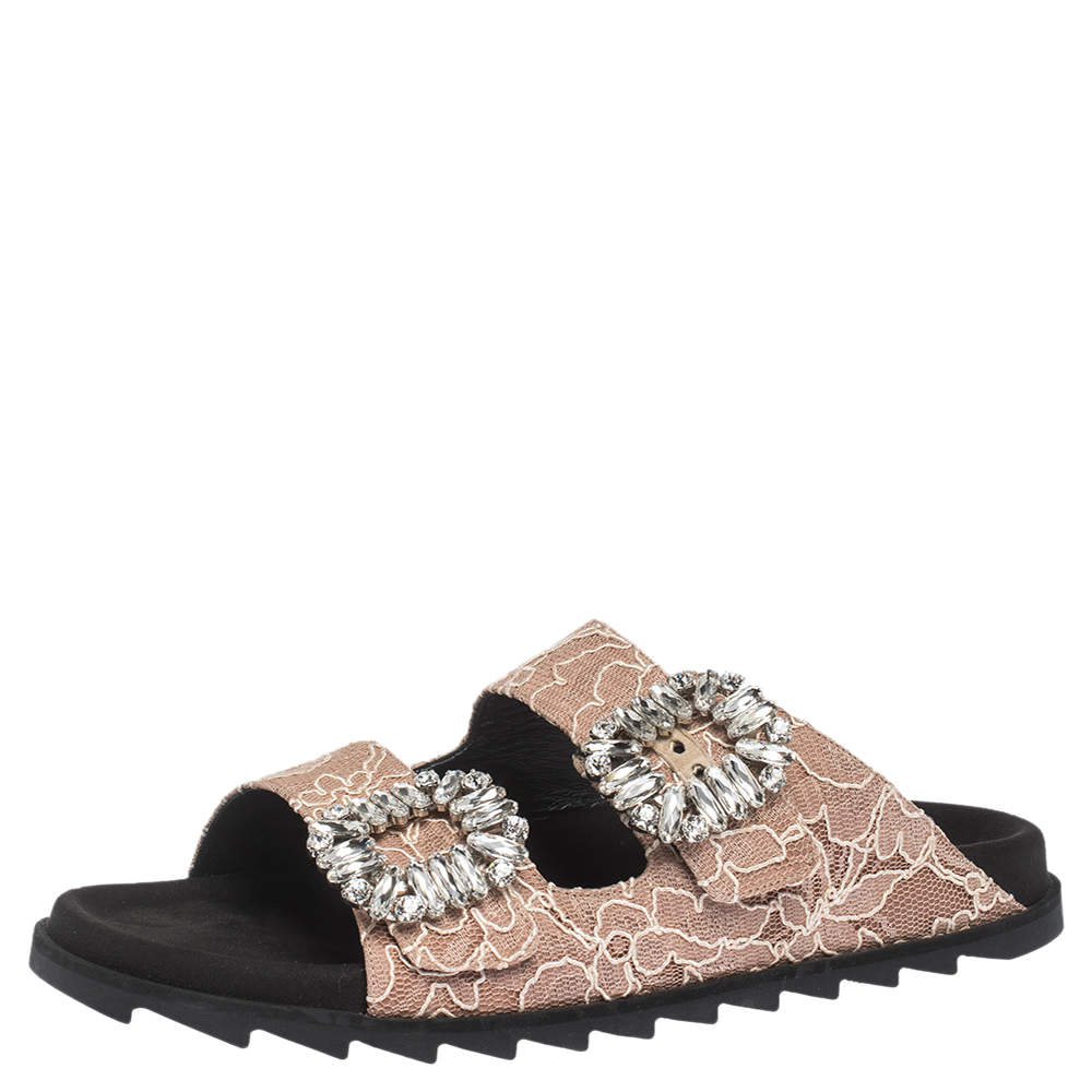 Pre Owned Roger Vivier Beige Lace Slidy Viv Strass Embellished Flat Slide Size 40