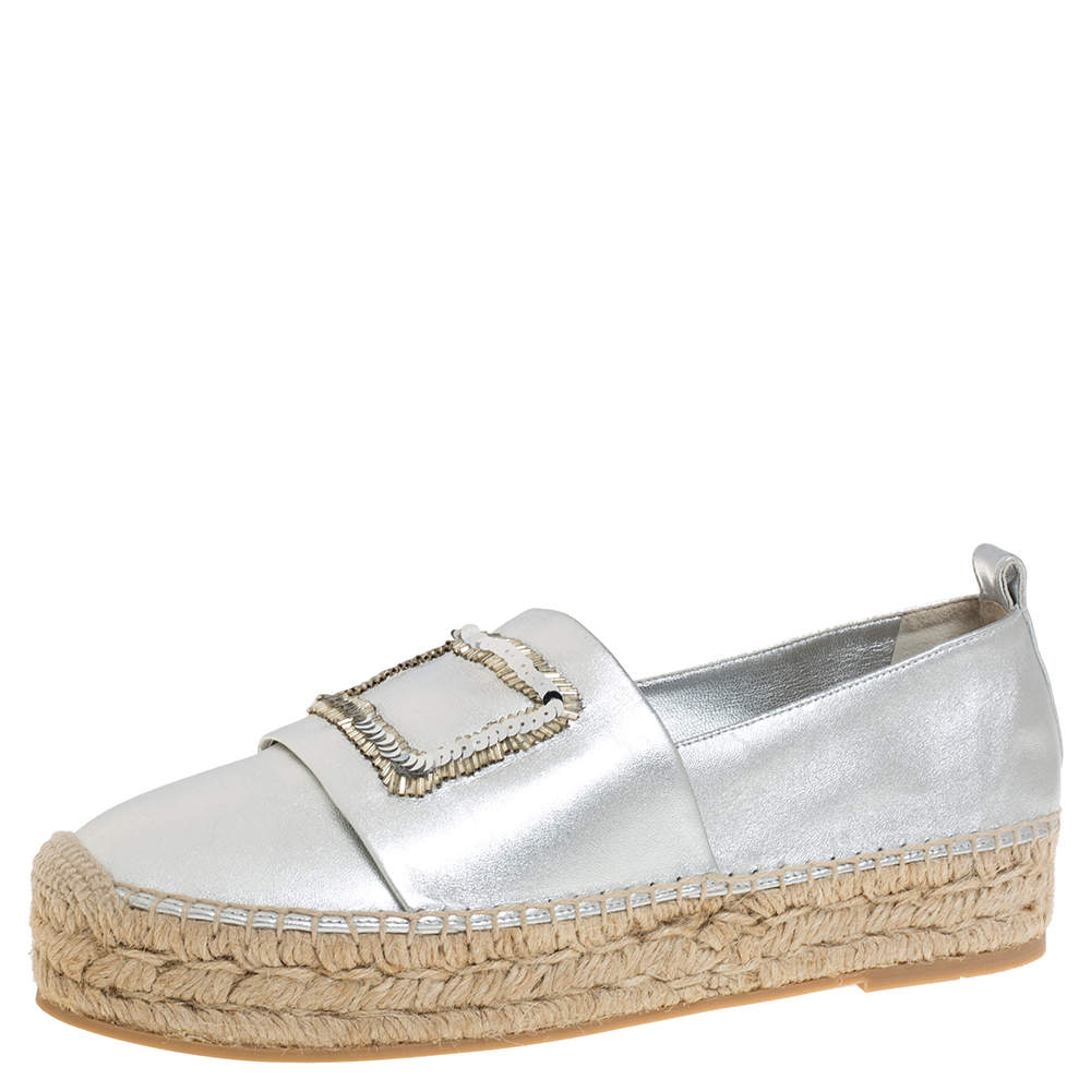 Roger Vivier Metallic Silver Bead and Sequin Embellished Espadrille Flats Size 39