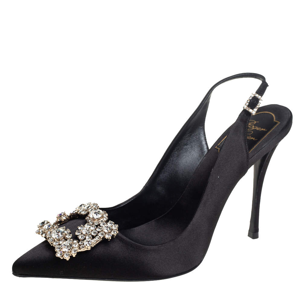 Pre Owned Roger Vivier Black Satin Crystal-Embellished Slingback Pumps Size 37.5
