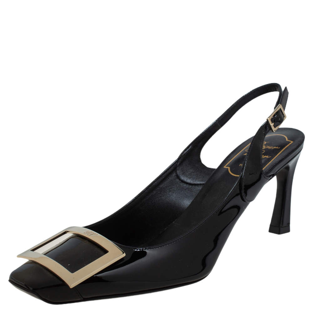 Pre Owned Roger Vivier Black Patent Leather Trompette Slingback Sandals Size 38