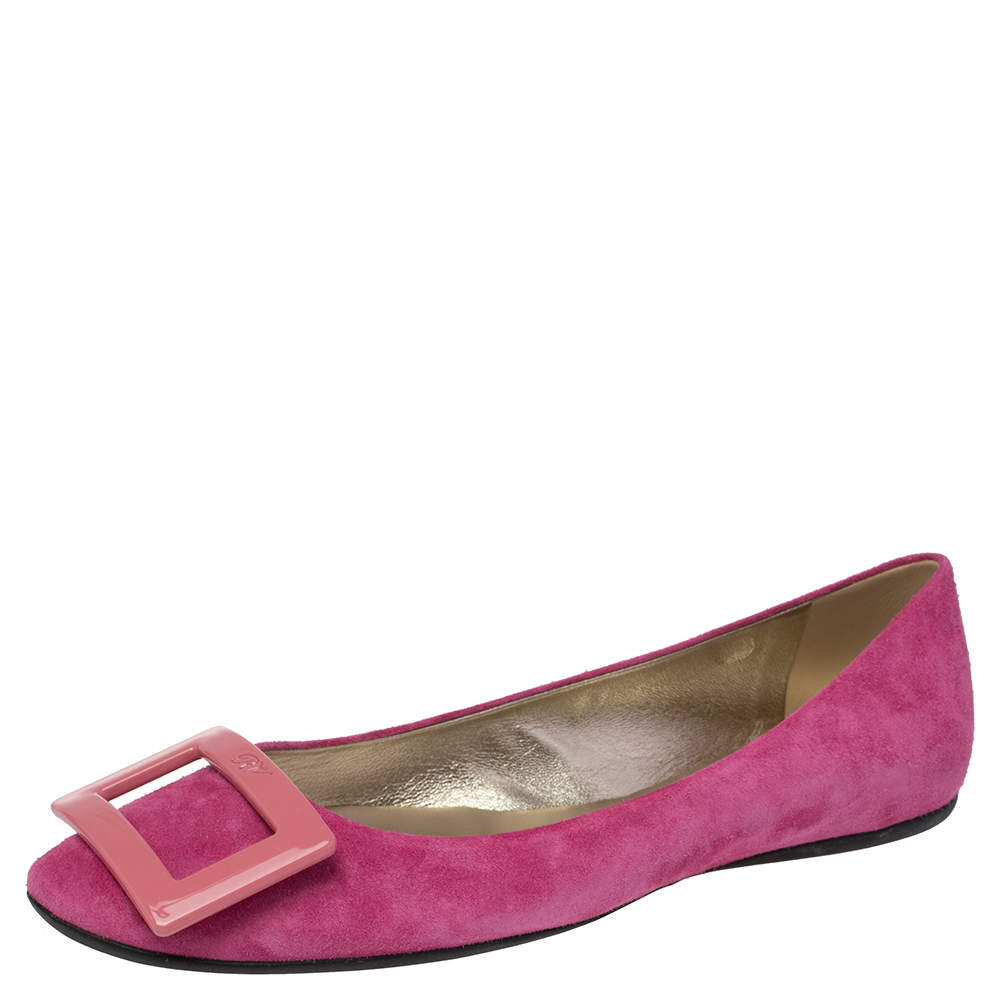 Pre Owned Roger Vivier Pink Suede Gommette Ballet Flats Size 38.5