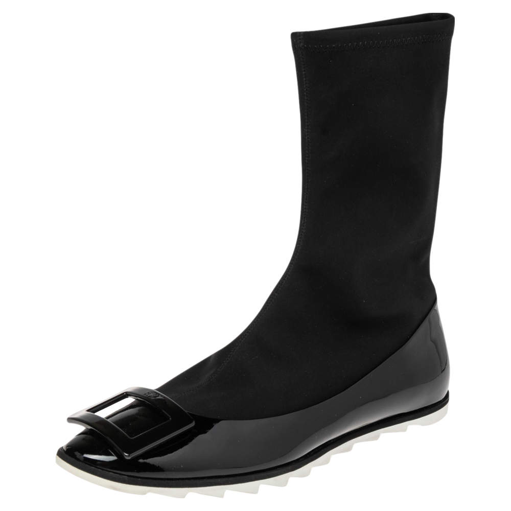 Pre Owned Roger Vivier Black Neoprene and Patent Leather Belle Ankle Boots Size 39