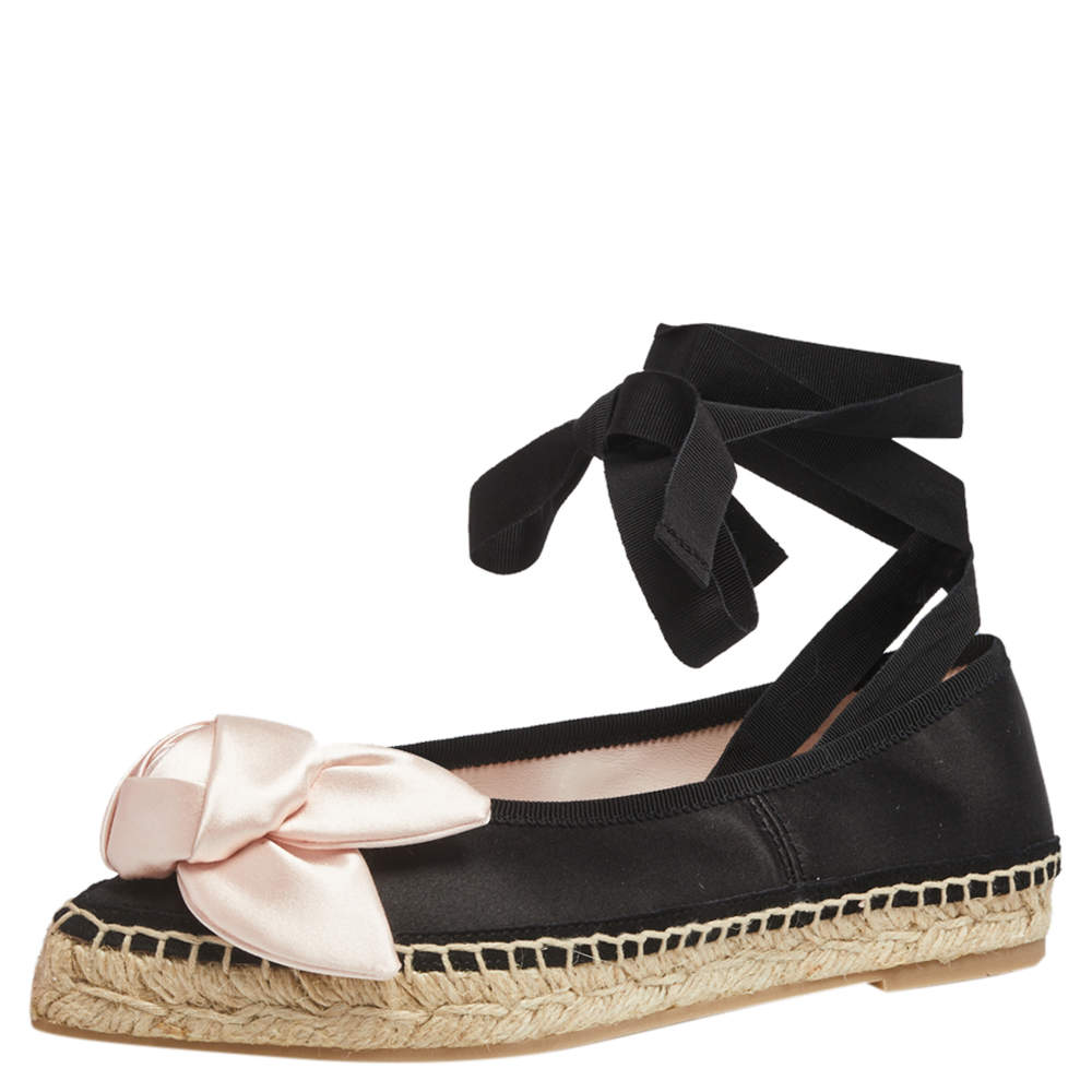 Pre Owned Roger Vivier Black Satin Rose Detail Lace Up Espadrille Ballet Flats Size 34