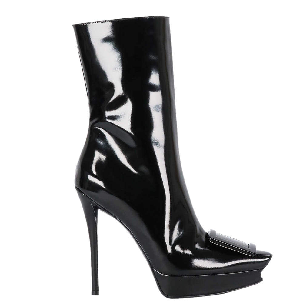 Pre Owned Roger Vivier Black Leather Vivier Choc Covered Buckle Platform Booties Size IT 36