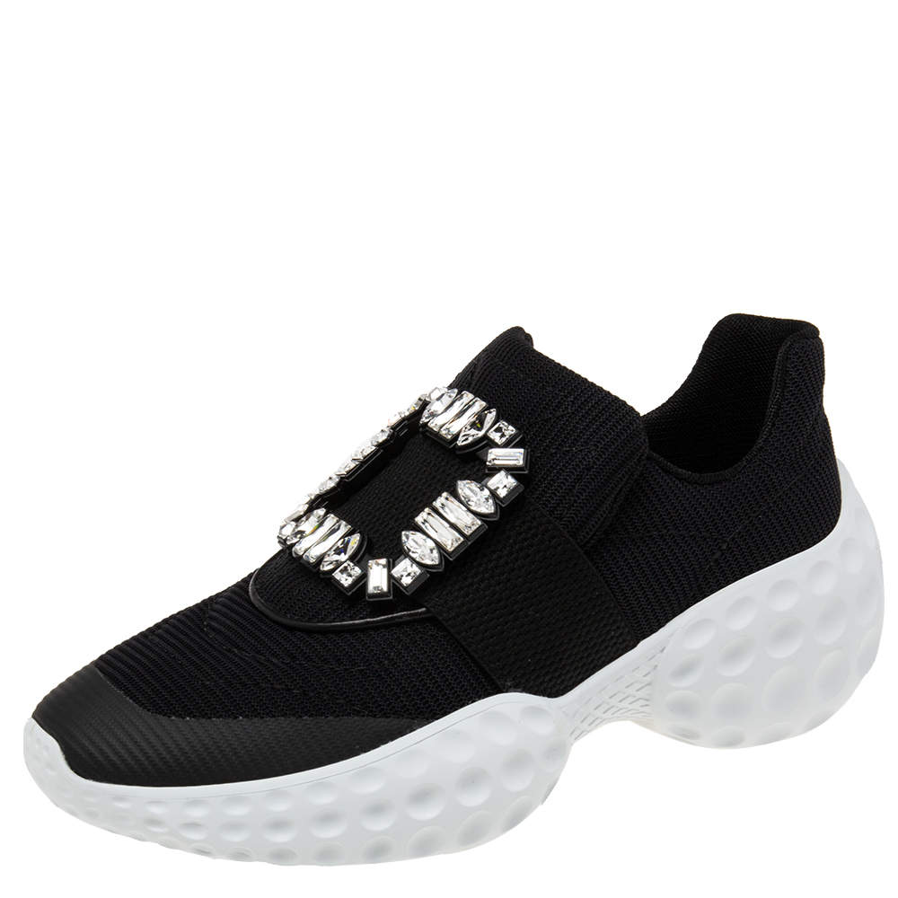 Pre Owned Roger Vivier Black Nylon Viv Run Light Strass Buckle Sneakers Size 38.5