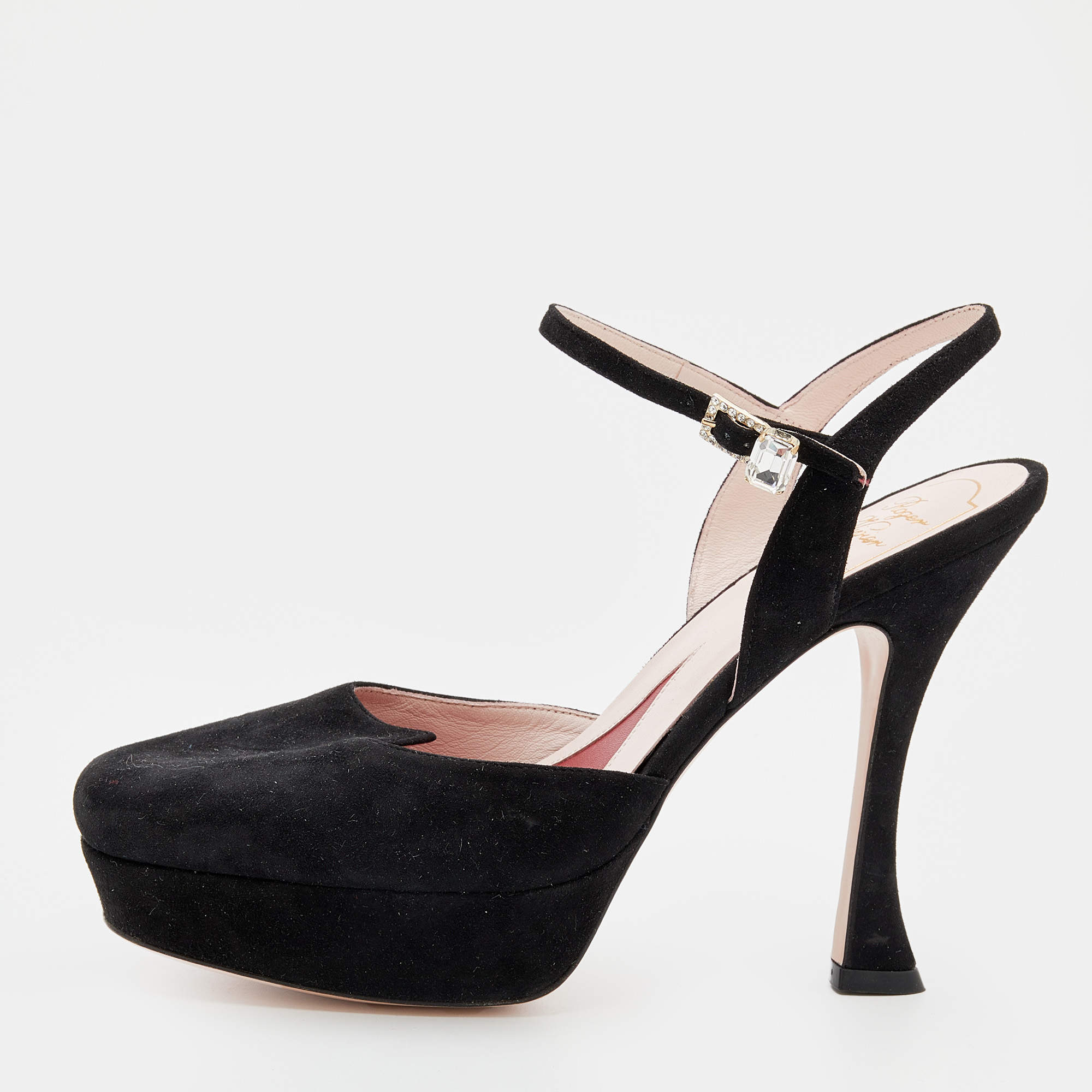 Pre Owned Roger Vivier Black Suede Ankle Strap Platform Sandals Size 38