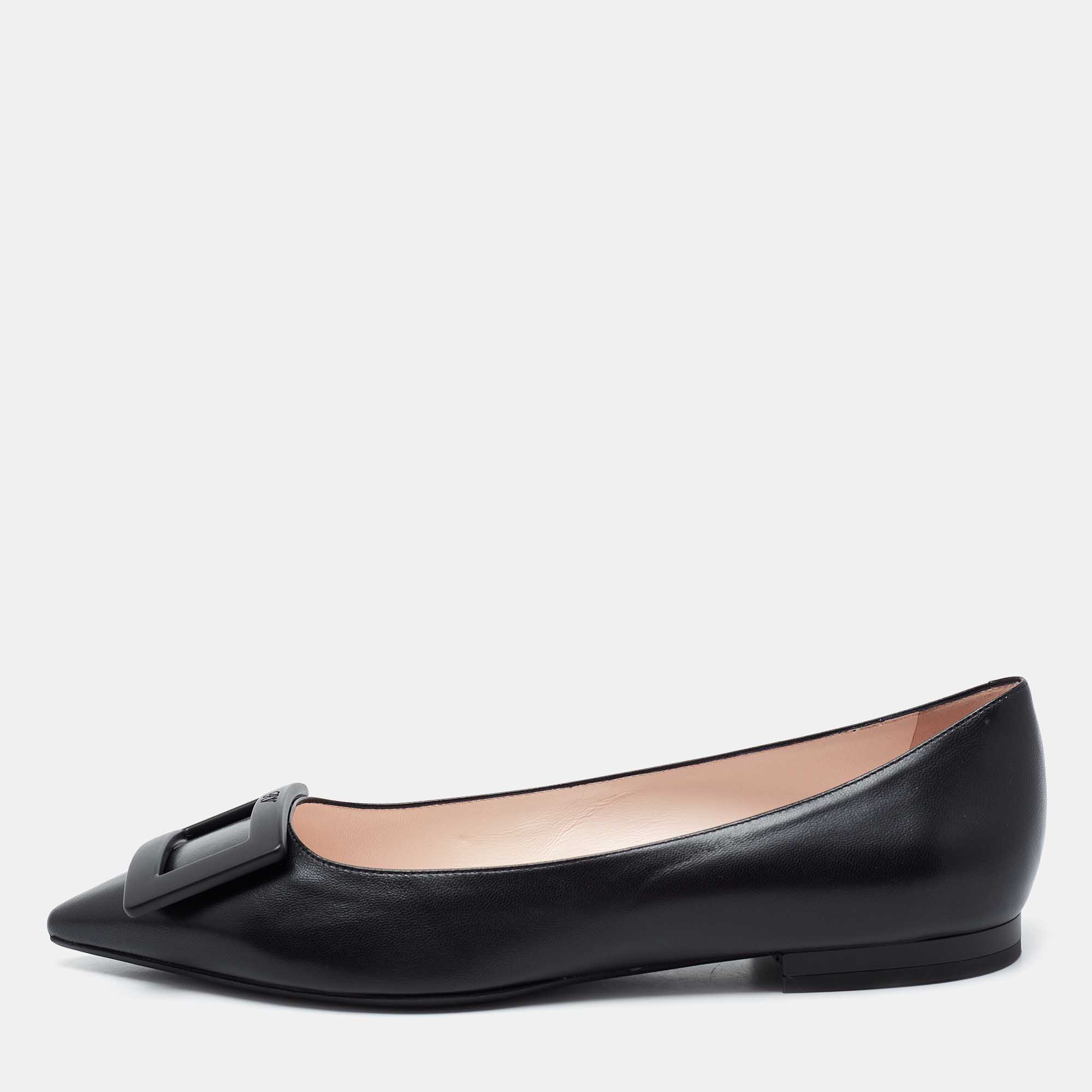 Roger Vivier Black Leather Gommette Pointed Toe Ballet Flats Size 39
