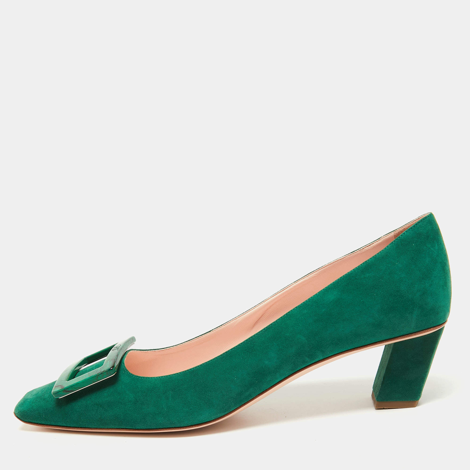 Roger Vivier Green Suede Belle Block Heel Pumps Size 42