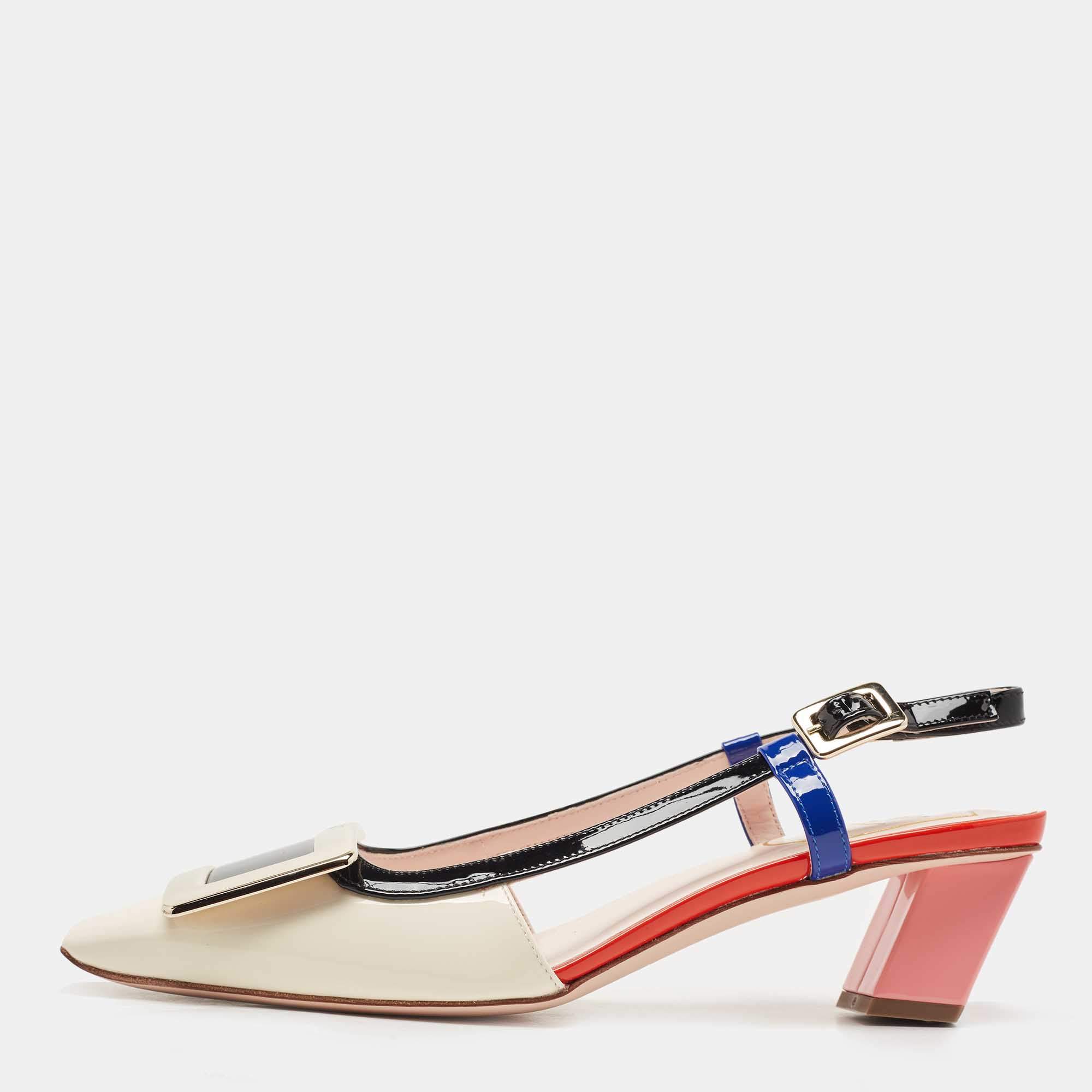 Pre Owned Roger Vivier Multicolor Patent Leather Buckle Details Slingback Pumps Size 35